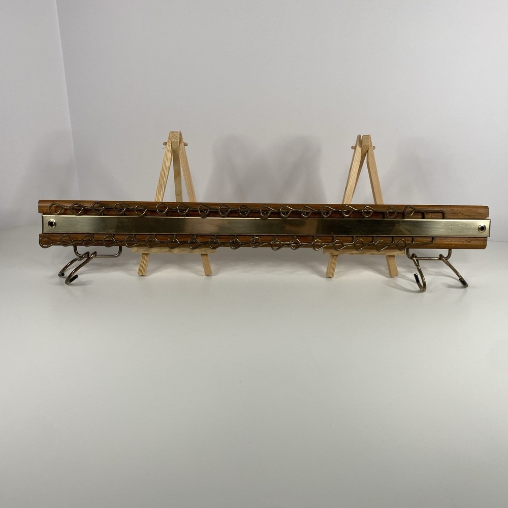 Vintage Wood And Brass Tone Tie Rack Organizer 36 Hooks Wall Mount 4 Belt Hooks